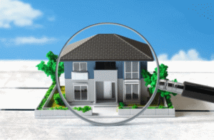 虫眼鏡を用いて、アスベスト含有の可能性がある箇所を点検・調査している住宅模型のイメージ