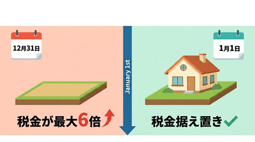 家の解体時期による固定資産税の違いを比較した図解画像